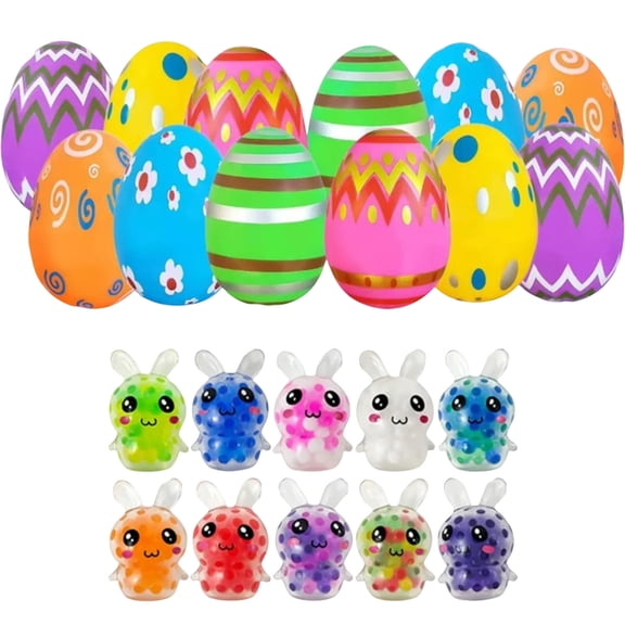 Easter Themed Stress Relief Kit - 12-Piece Set of Pre-Filled Decorative Eggs with Soft Squeeze Bunny Toys, Colorful Spring Party Favor Fillers for Adults, Desk Relaxation & Event Gifts