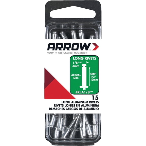 Arrow RLA1/8 Long Aluminum 1/8-Inch Pop Rivets for Metal, Fabric, Leather, and Auto Repair, 15-Pack