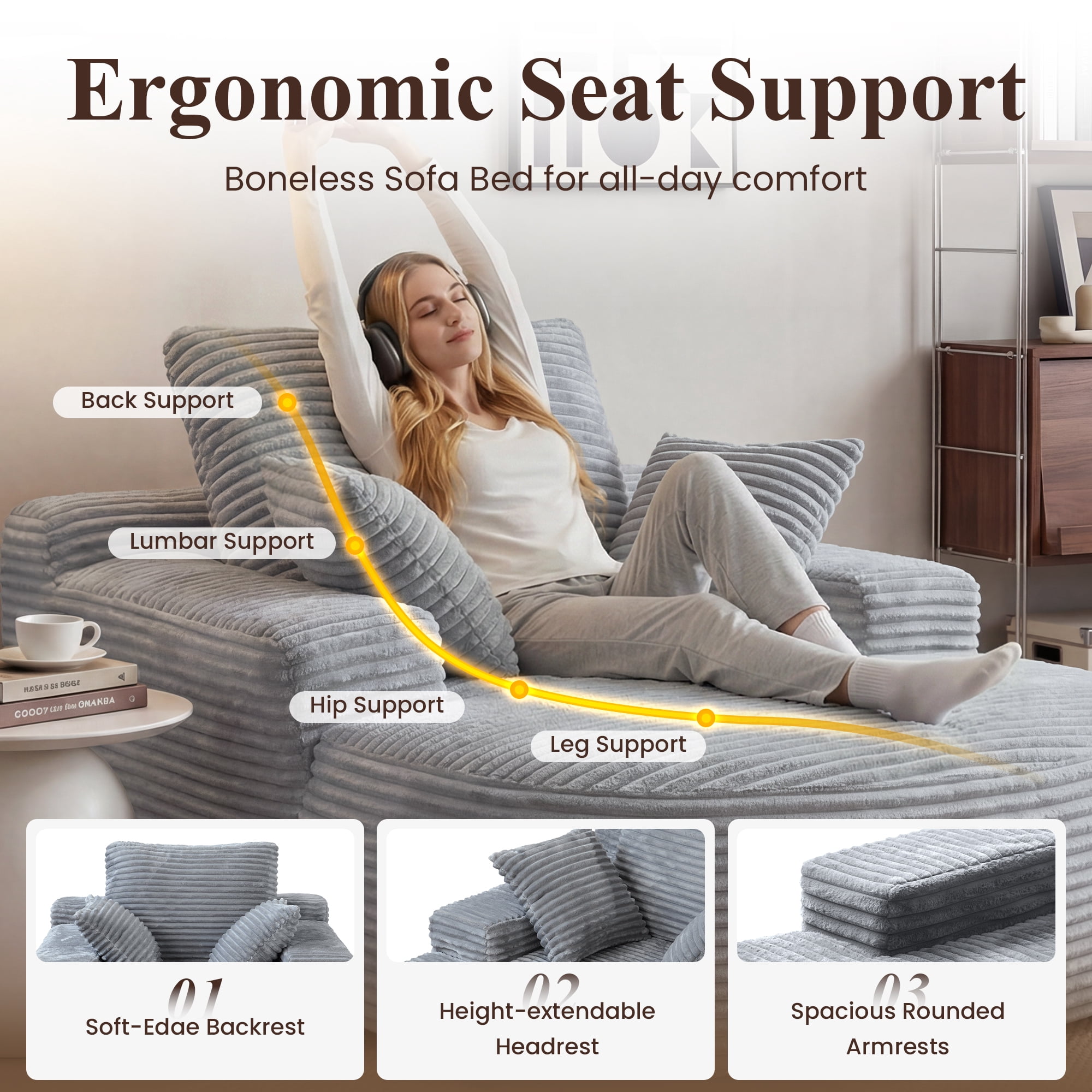 Sdorens 67" Chaise Lounge Chair Indoor,Oversized Corduroy Upholstered Boneless Sofa Bed,Deep Seat Sleeper Couch Reading Chairs Cloud Sofas Couches for Living Room, No Assembly Required (Light Grey)