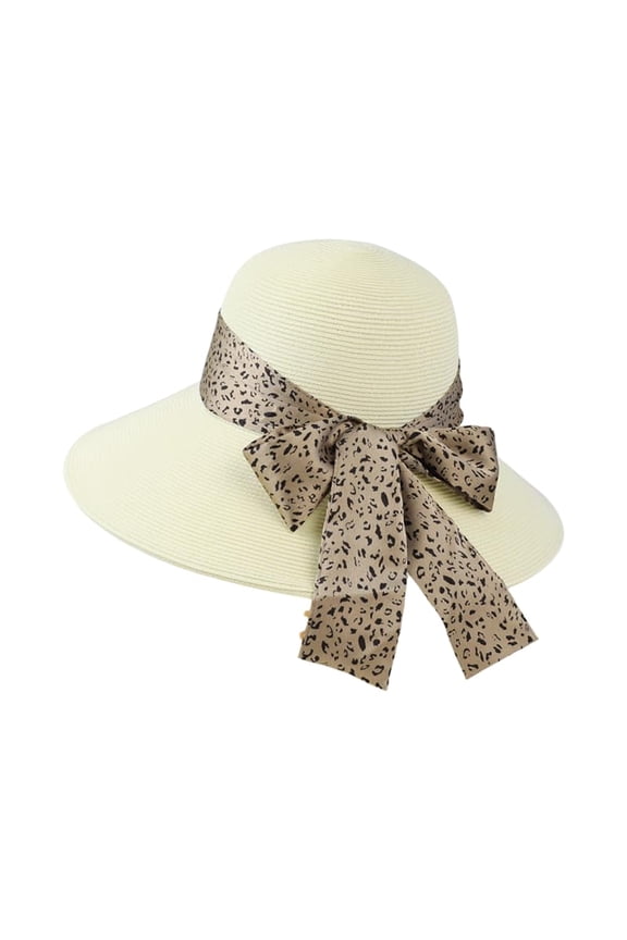 Women's Wide Brim Straw Sun Hat, Elegant Leopard Bow Beach Cap, Summer UV Protection Fedora, Chic Vacation Panama Safari Hat.