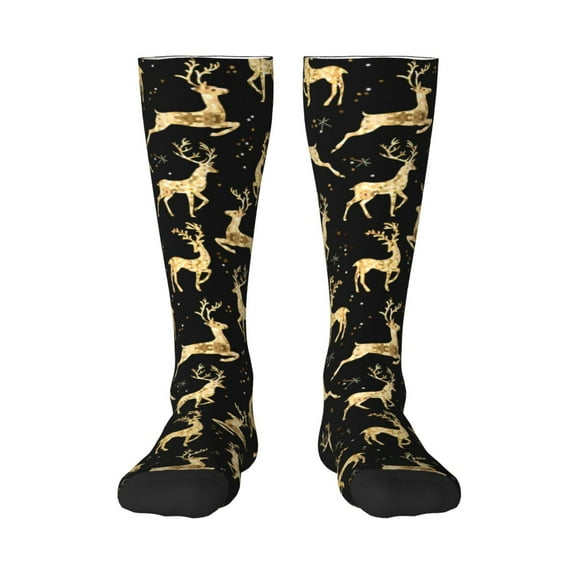 Naloa Christmas Gold Deers Thigh High Socks Extra Long Stretchy Sock Women Over Knee High Opaque Stocking Daily Wear