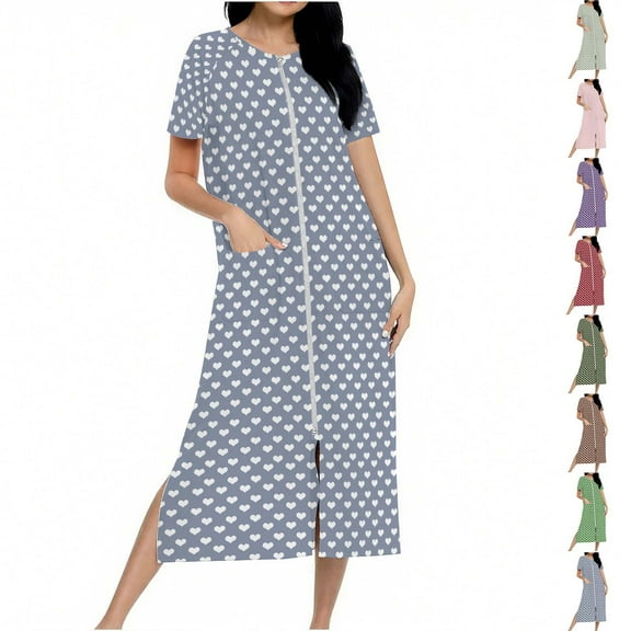 FRSASU Women's Long Knitted Bathrobe Zipper up Comfortable Full Length Heart Print Homewear Sleepshirts with Pocket Red