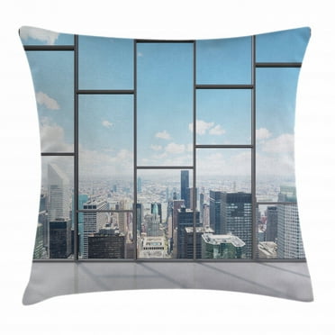 Modern Decor Throw Pillow Cushion Cover, Office with Big Wide Windows City Building Skyscrapers View Art Photo, Decorative Square Accent Pillow Case, 24 X 24 Inches, Sky Blue and Grey, by Ambesonne