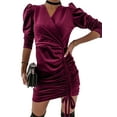 thumbnail image 2 of Douhoow Women Dress Cocktail Party Solid Bodycon Dress Square Neck Long Sleeve Ruched Mini Dress, 2 of 9