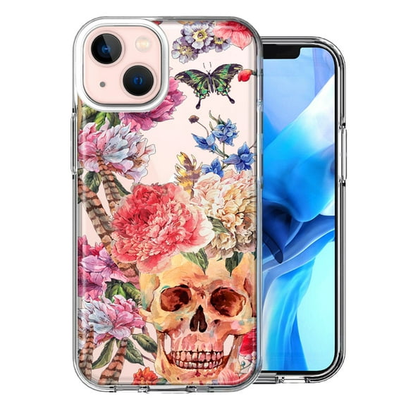 MUNDAZE Case for Apple iPhone 15 Hybrid Shockproof Slim Hard Soft TPU Shell Heavy Duty Protective Phone Cover - Indie Spring Peace Skull Feathers Floral Butterfly Flowers