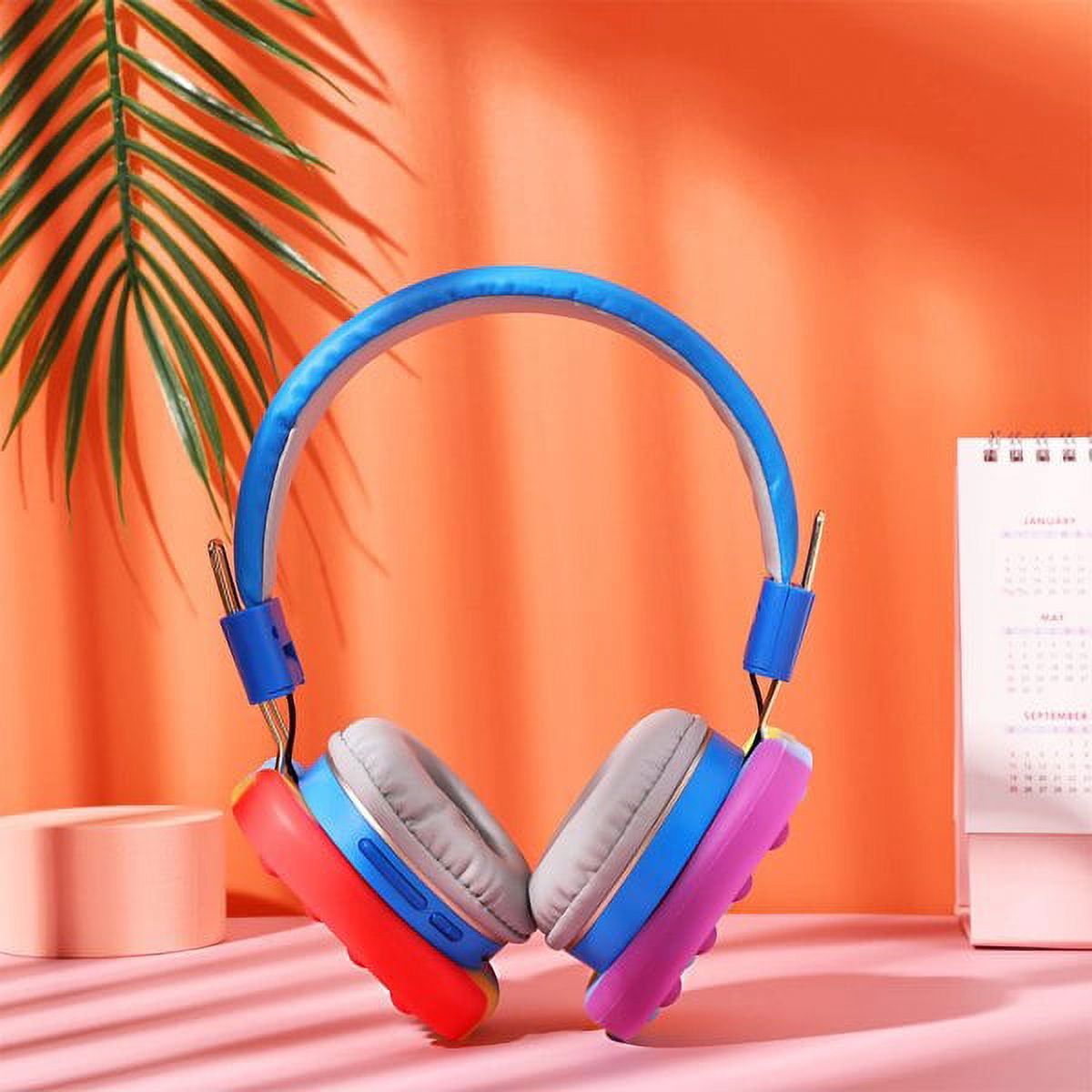 Cat Ear Headphones Kids Toy Headset, Wireless Bluetooth Headphone Pop Bubble On-Ear Headphone Fidget Toy Rainbow Color Fidget Headset for Children Adults (Blue-Lighted)
