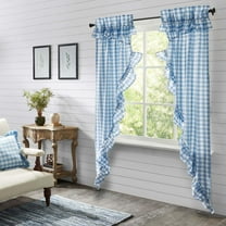 VHC Brands Annie Blue Buffalo Check Farmhouse Ruffled Prairie Long Panel Curtain Set 84x36x19
