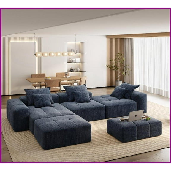 Modern Sparkling Chenille Oversized 6-Piece Sectional Sofa with 6 Pillows, No Assembly Required for Living Rooms