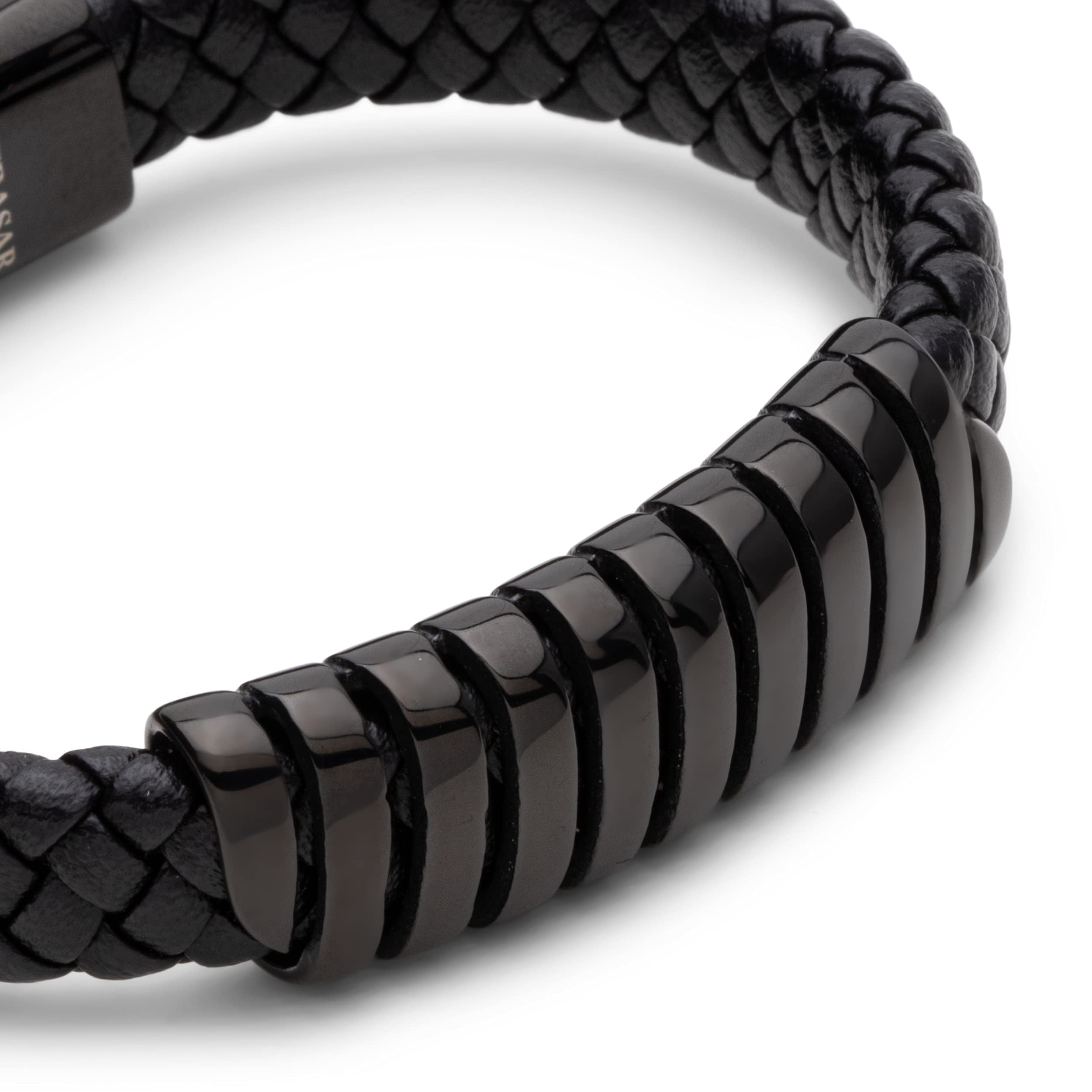 SERASAR Leather Bracelet for Men "Helix" with stainless steel magnetic closure, Black 17cm, including gift box