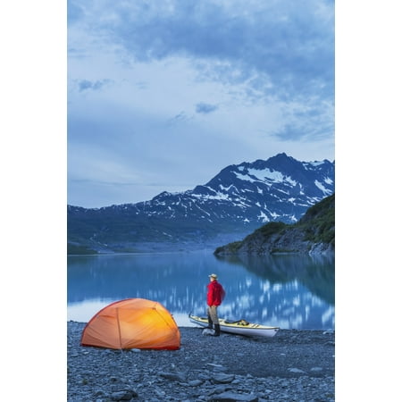 Man camping with a tent and kayak at Shoup Bay State Marine Park Prince William sound Valdez Southcentral Alaska Stretched Canvas - Kevin Smith Design Pics (12 x 19)