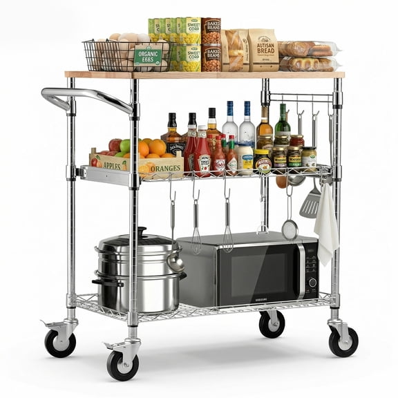 VEVOR Kitchen Utility Cart, 3 Tier Heavy Duty Adjustable Wire Storage Rack with Wood Tabletop and Handle Bar, Rolling Portable Service Trolley on Wheels, 661 lbs Steel Work Table, 30x18x36 in