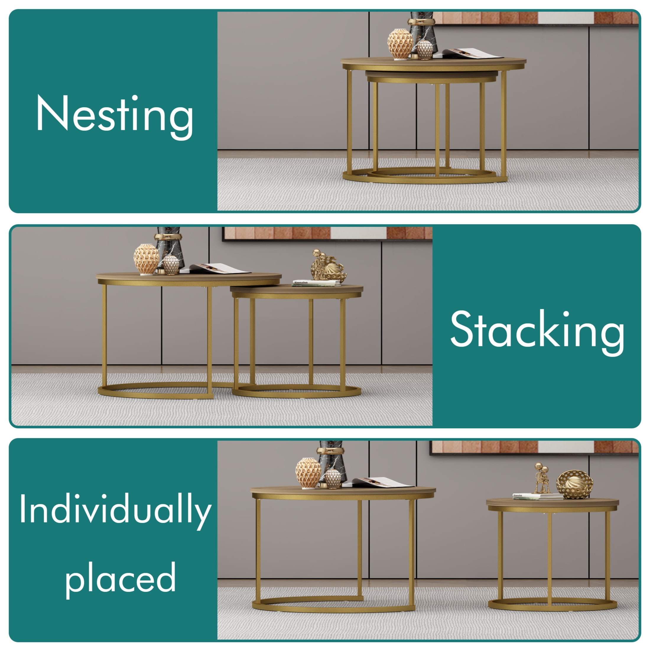 Noble House 27.6" Round Nesting Coffee Table with Grain Top, Wooden Side End Tables for Living Room, Brown, Set of 2