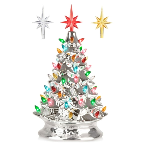 RJ Legend 15-Inch Silver Christmas Mini Ceramic Tree – Festive Lighted Christmas Tree Decor – Vintage Tabletop Christmas Decorations – Retro Winter Tree - Shiny Holidays Decor