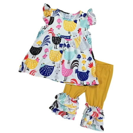 Toddler Girls 2 Pieces Pant Set Chicken Chick Farm Ruffles Capris Kids Outfit White 2T XS (P501560P)