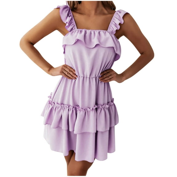 Womens Summer Dresses Sleeveless Ruffles Straps Square Neck Mini Sling Dress A Line Double Layer Ruffles Beach Sundress