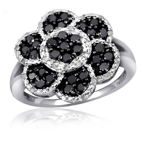 JewelersClub 1.00 CTW Round cut Black & White Diamond Flower Sterling Silver Ring