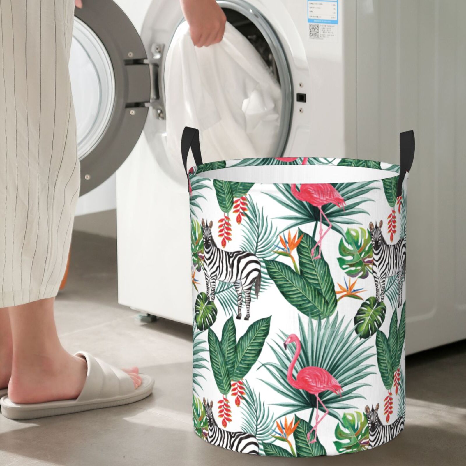 Large Laundry Basket with Handles - zebra Flamingo Tropical Palm leaves Kids Baby Dirty Clothes Laundry Hamper for Bedroom Aesthetic