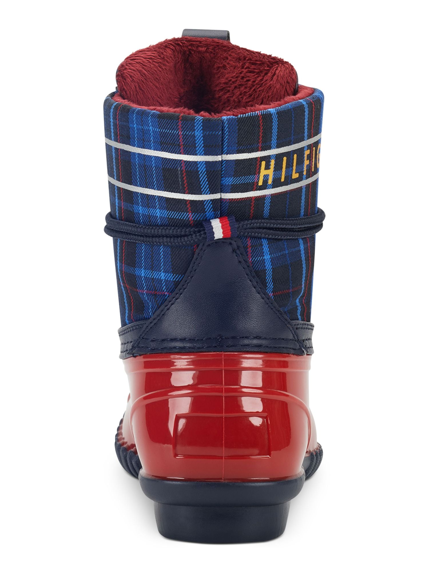7 HILFIGER Logo Tag TOMMY Heel Front Navy And Pull Plaid Comfort Block Womens M Hessa Boots Eyelet Lace-Up Round Padded Back Waterproof Duck Toe