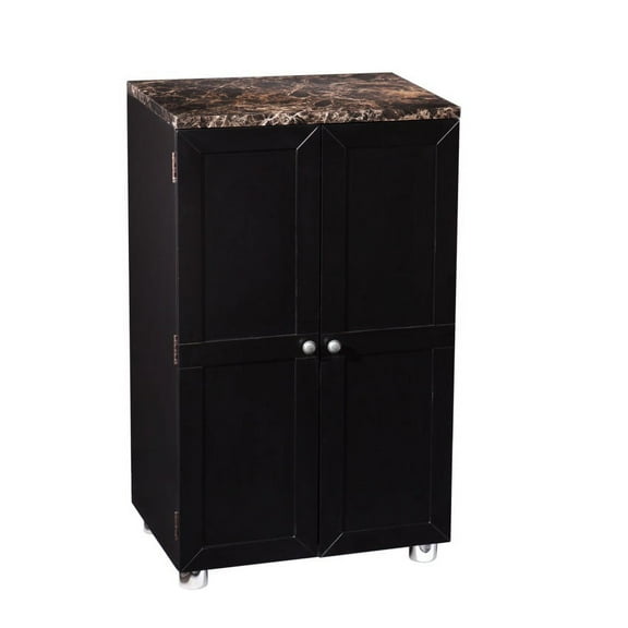 Elegant and Practical Bar Cabinet with Marbleized Countertop - Black, Space-Saving Design, Stemware Storage, 20 Wine Bottle Capacity