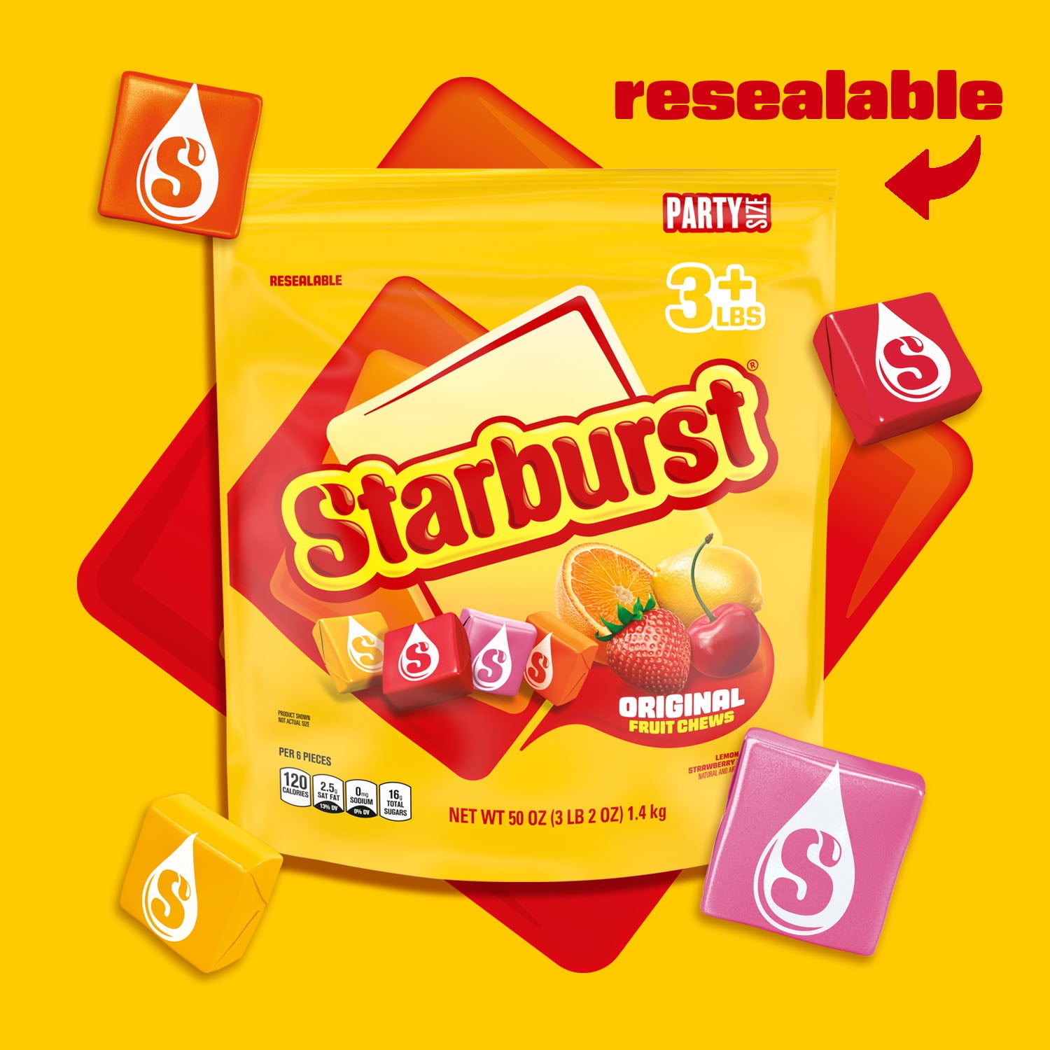 (3 pack) Starburst Original Fruit Chews Chewy Candy, Party Size - 50 oz Resealable Bag