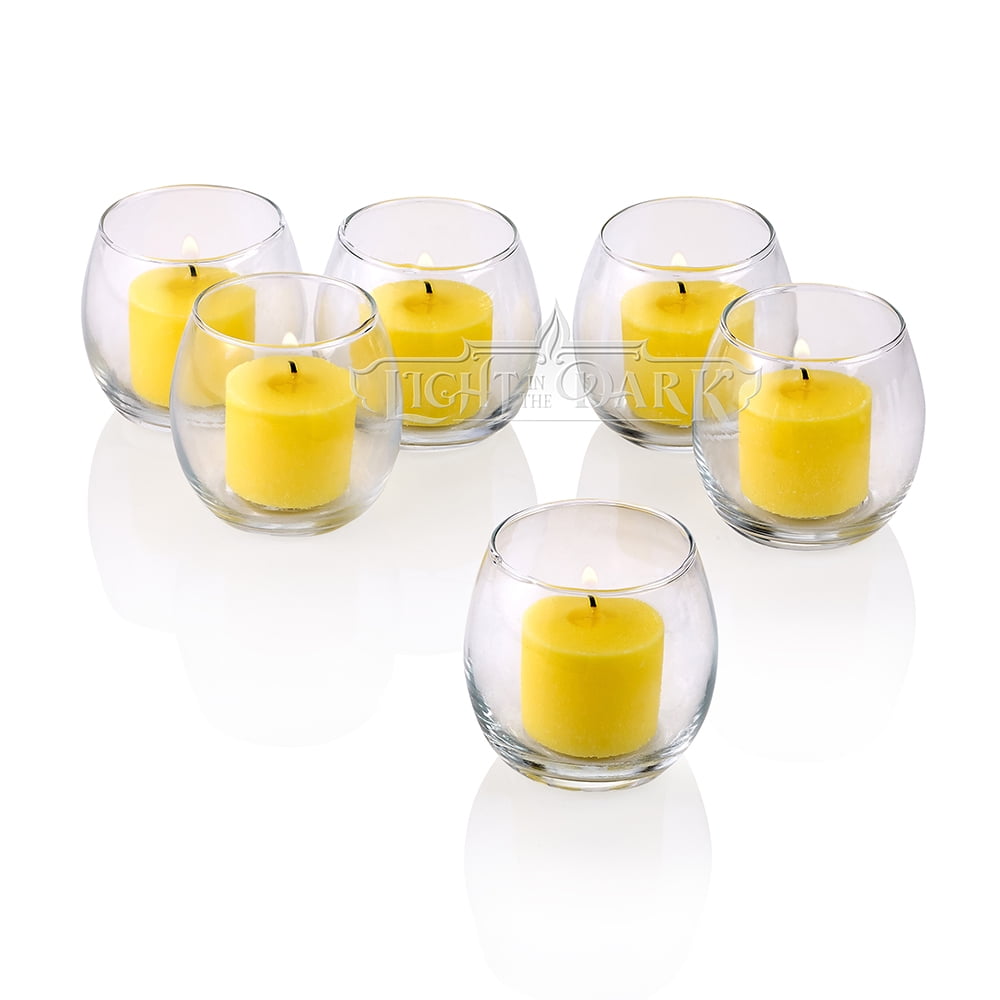 Clear Glass Hurricane Votive Candle Holders With Yellow votive candles