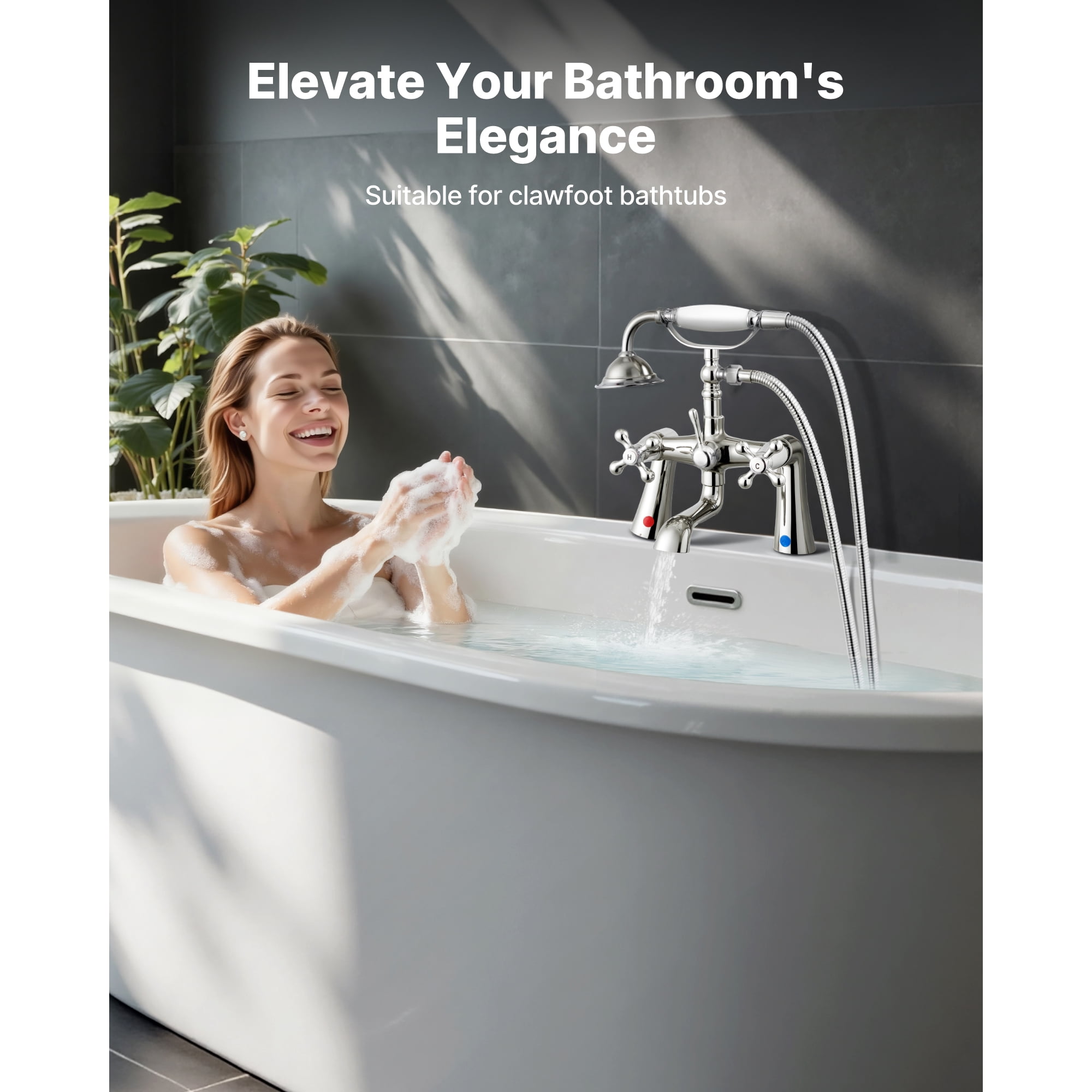 KFFKFF Clawfoot Tub Faucet, Deck-Mounted Bathtub Faucet with Handheld Shower, Classic Polished Chrome Tub Filler with 360° Swivel Spout & 59-Inch Hose for Bathtubs