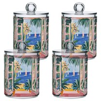 Yayeee 4 Pack Qtip Holder Bathroom Cotton Swab Canister with Lid Clear Dispenser Set, Seaside Leaves