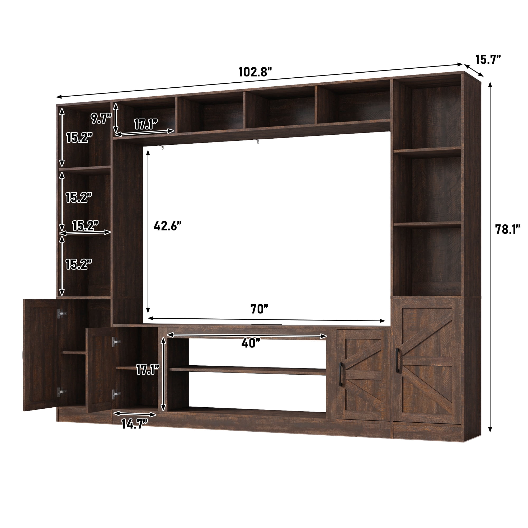 ChVans 103" Large Farmhouse Wall Unit Entertainment Center with Bookshelves, Storage Shelves & Barn Door Cabinet, Rustic Farmhouse TV Stand Media Console Table for Living Room & Home Theater