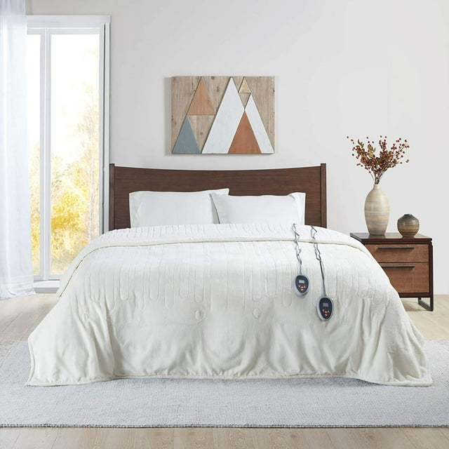 Plush Electric Blanket Throw for Cold Weather Multi-Level Heat Settings Controller, Secure Comfort Low EMF Technology and Auto Shut Off Safety, Twin, Ivory