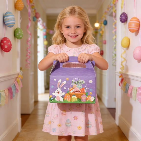 12Pcs Easter Treat Boxes with Bunny & Egg Prints, 4 Assorted Designs, Portable Paper Gift Boxes with Handles for Party Favors, Candy & Goodies