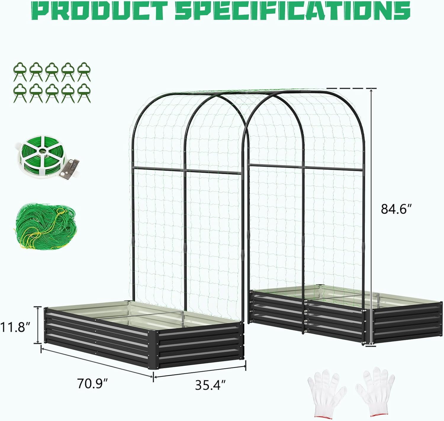 Slsy 3 in 1 Galvanized Raised Garden Bed with 87in Tall Arch Trellis for Climbing Plants, Galvanized Planter Garden Box Outdoor for Gardening,Black