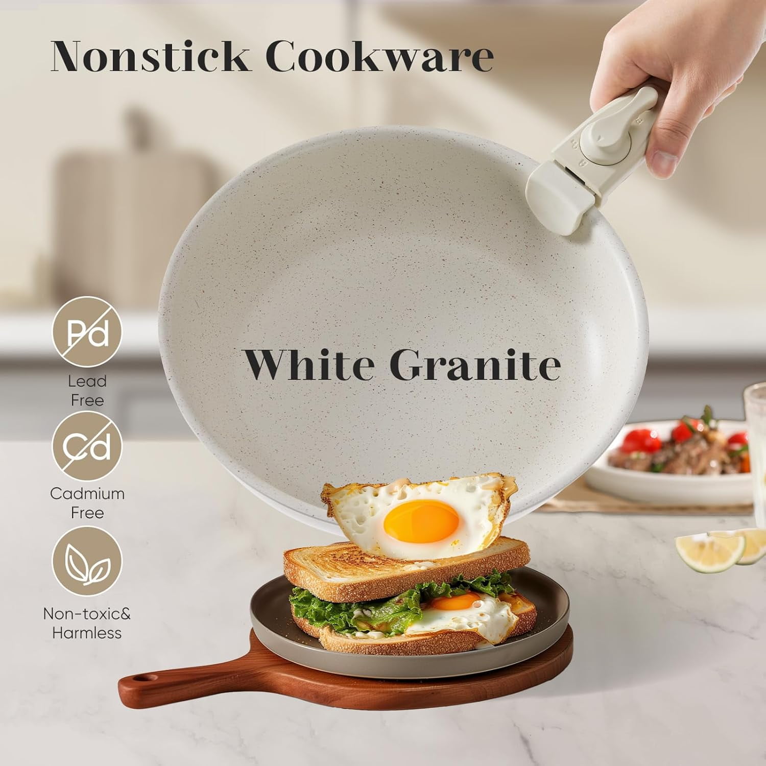 12-Piece Nonstick Pots and Pans Set, Stackable Kitchen Cookware Sets with Removable Handle, Induction Compatible, Beige