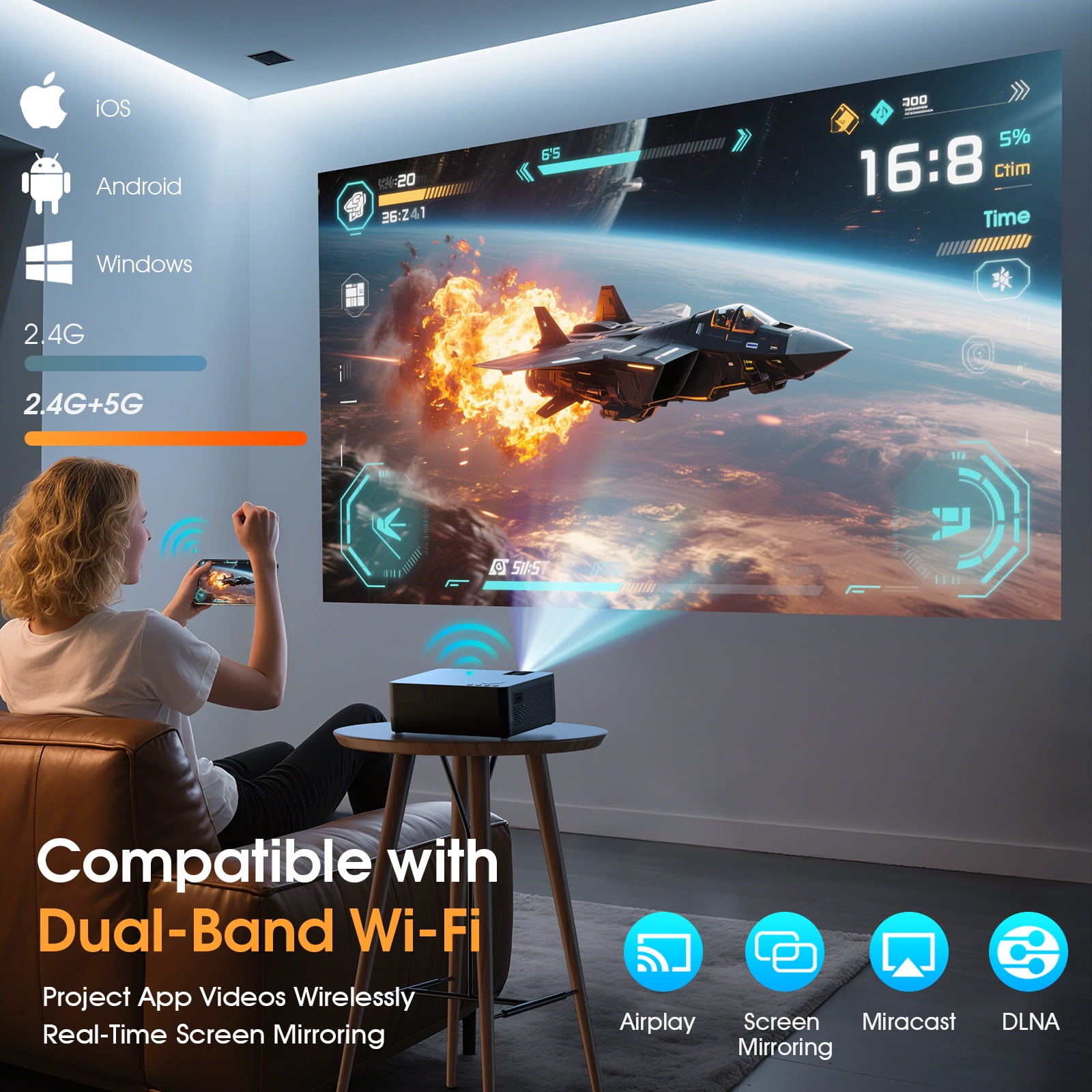 5G WiFi Bluetooth Projector (Projector Screen Included), CEBORY Native 1080P 15000LM 4k Support Movie Projector, 300" Display Full HD Home Theater