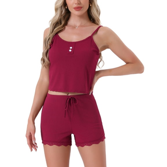 INSPIRE CHIC Womens Pajamas Ribbed Knit Lace Trim Camisole Sleeveless Tank Top with Shorts Sleepwear Lounge Sets M Red