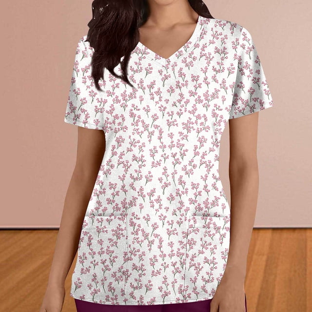 FcBaudy Hauts pour Femmes, Blouses & Chemises à Manches Courtes Col en V Mode Décontractée Col en V Imprimé Saint-Valentin Robe d'Infirmière à Manches Courtes avec Poche Haut en polyester pour Femmes