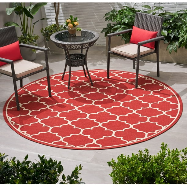 Round Trefoil Area Rug Red And Ivory, Red Outdoor Rugs Patios