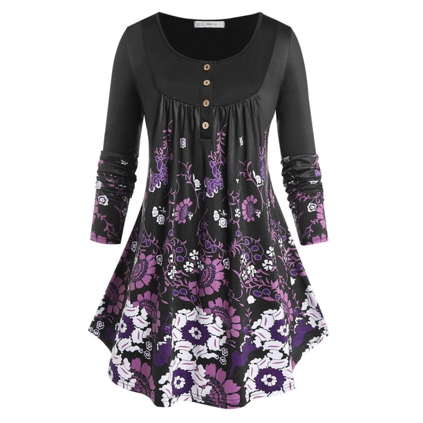 Camiseta Cuello Redondo Estampado Floral Tamaño Plus Rosegal Mangas largas de talla grande