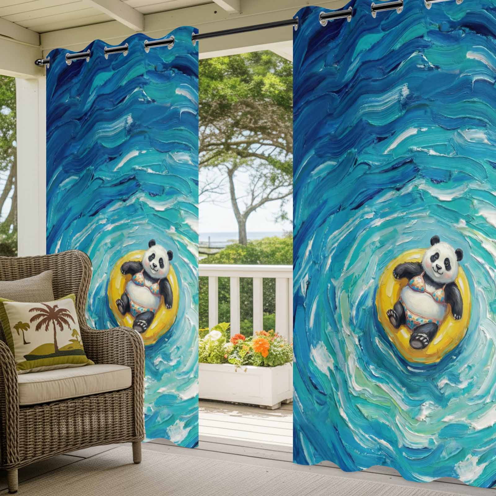 Funny Art Outdoor Curtains for Patio, Summer Panda Swimming Blue Sea View Oil Painting Sunshade Privacy Drapes Grommet Waterproof Outside Curtains for Porch/Cabana/Balcony 54"x 108", 1 Panel