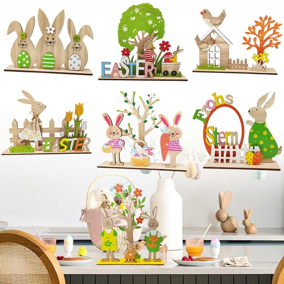 Easter Decor Easter Wooden Decorations Signs Happy Easter Bunny Wood Table Letters Tabletop Ornament Table Centerpiece For Easter Tray Home Decors
