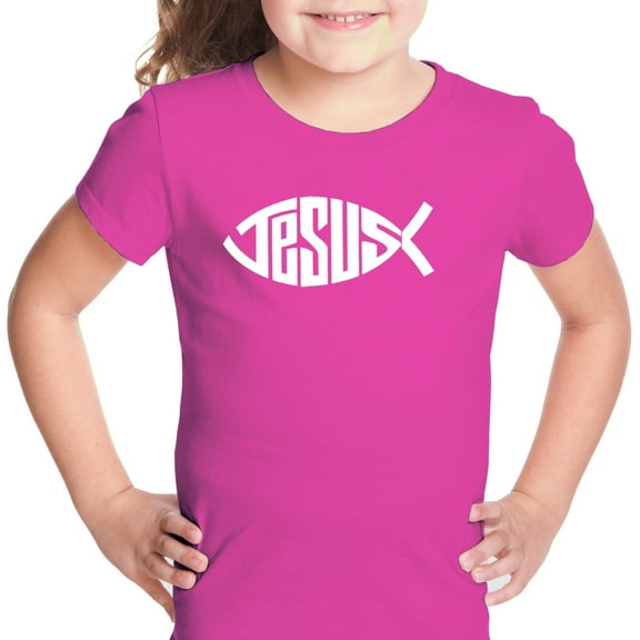 LA Pop Art Girl's Word Art T-shirt - Christian Jesus Name Fish Symbol