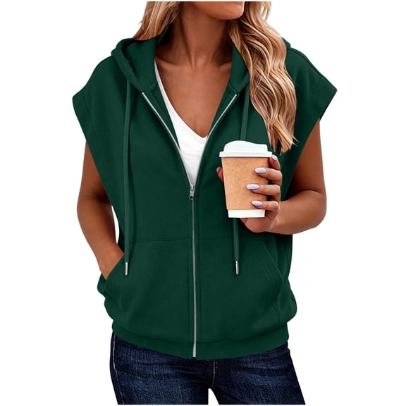 ClodeEU Women's Hooded Sleeveless Zip Up Vest,Casual Loose Waistcoat with Pocket Army Green,Women's Plus L