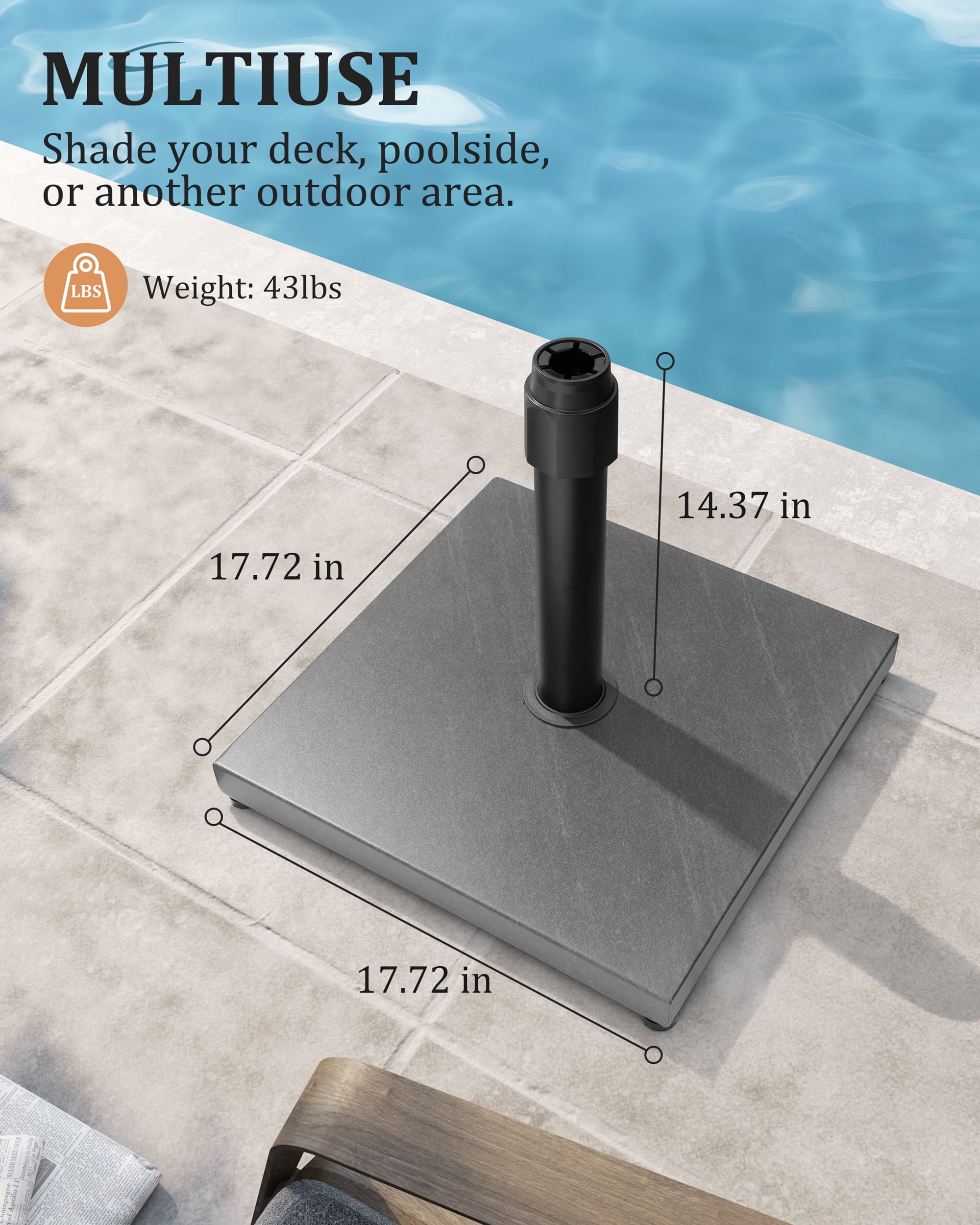 Crestlive Products 45lbs Pre-filled Concrete Umbrella Base, Heavy Duty Wind-Resistant, Fits 6-12ft Market Umbrella, Grey