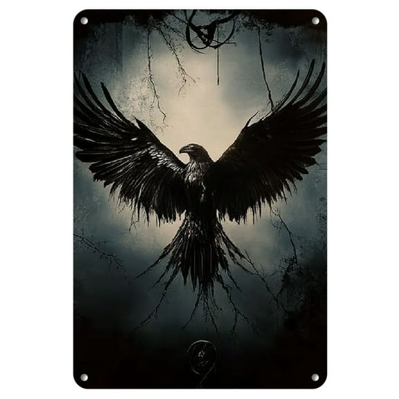 Crow Raven Tin Sign Wall Decor - 1 Piece Vintage Iron Metal Wall Art with Dark Winged Design for Bar, Club, Cafe, Restaurant, Billiard Room, Hotel, Home, Office, Bedroom, Bathroom, Garage Decor