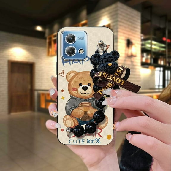 LYM-Phone Case For MOTO G Stylus 4G 2023, Black pearl pendant Anti-knock Back Cover Bear bracelet protective case Simplicity silicone cute Skin-friendly feel Cartoon Dirt-resistant