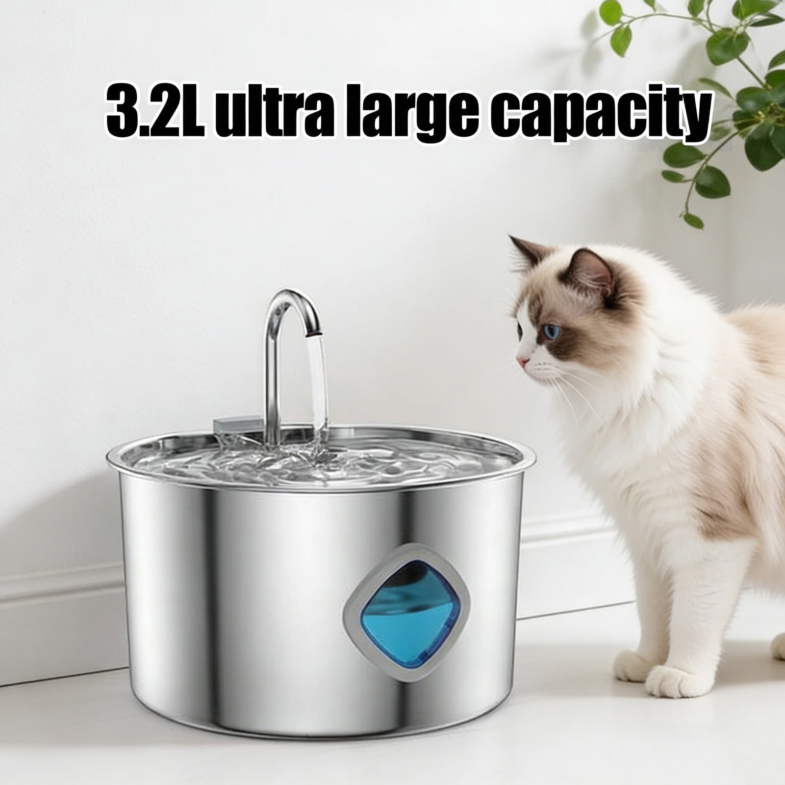 YIFAEUX 3.2L Pet Water Fountain Stainless Steel Cat Water Fountain with Water Level Window Quadruple Filtration Silent Fountain for Dogs And Cats Healthy Drinking