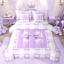 jejeloiu Lovely Bow Knot 7 Pieces Bedding Comforter Set,Purple White Checkered Full Bedding Set For Girls Reversible