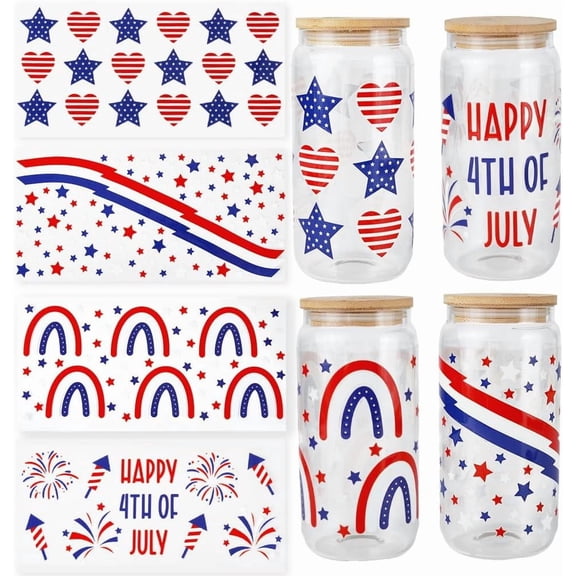 8 Sheets Happy Independence Day Stickers 4Th of July Stickers Bulk Plastic Rectangular American Red White Blue Patriotic Star Heart Cup Wraps