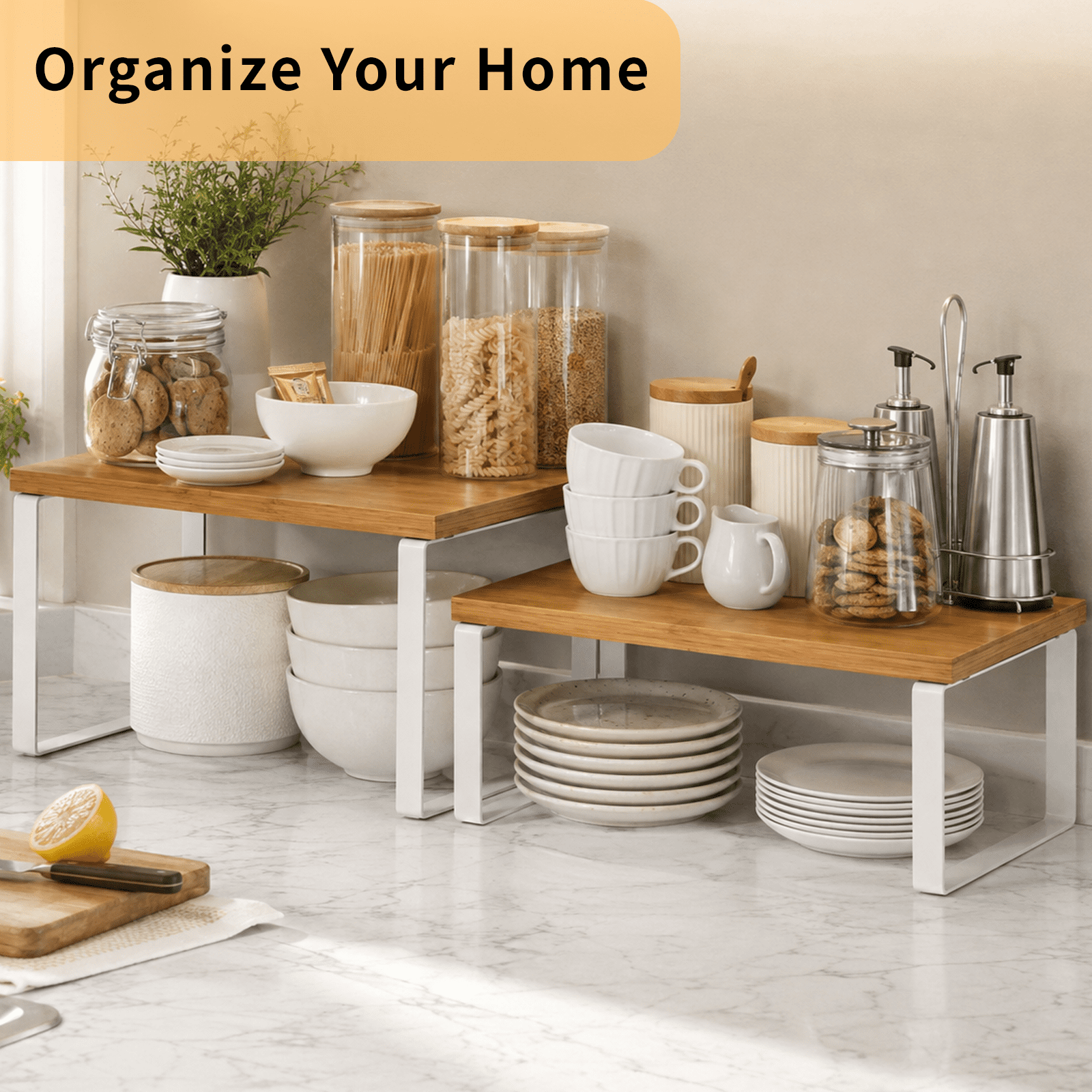 Koomade 2 Pack Cabinet Organizers Shelves, Kitchen Countertop Storage, Pantry Organizer, 11.7''W, Bamboo wood tone + White