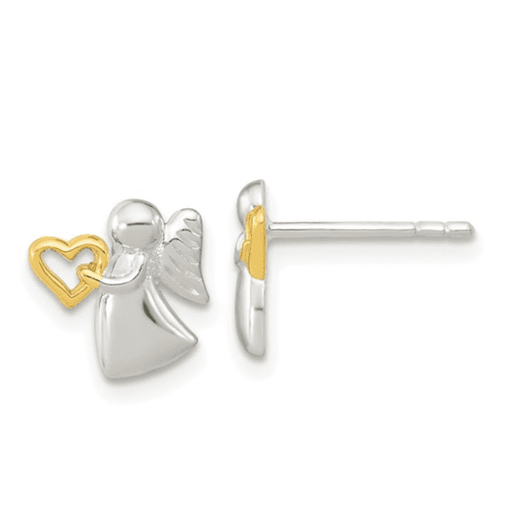 Fine Color Jewels 925 Sterling Silver Angel Wing Earrings Gold Tone Heart Studs