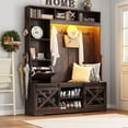 thumbnail image 3 of ChVans 75''H LED Farmhouse Hall Tree w/ Bench & Shoe Storage, 59"W Large Hall Tree Entryway Bench w/ Coat Rack, 16 Shoe Cabinet, Umbrella Holder&Sock Storage Drawer, Mudroom, Hallway, 3 of 9